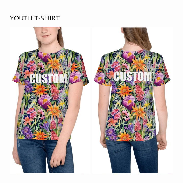 all-over-print-unisex-youth-crew-neck-t-shirt-on-girl-front-and-back-artfulane