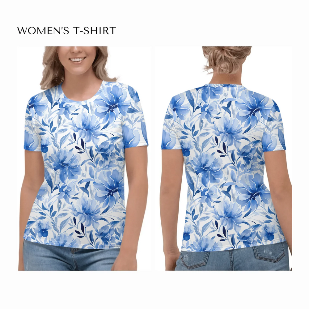 all-over-print-womens-crew-neck-t-shirt-on model-front-and-back-artfulane