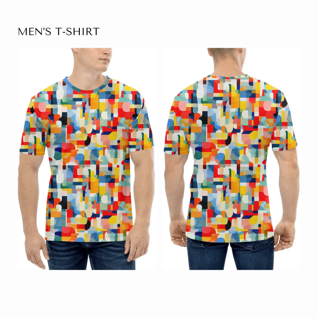 Custom-Modern-Geometric-Abstract-all-over-print-mens-crew-neck-t-shirt-on-model-front-and-back-artfulane