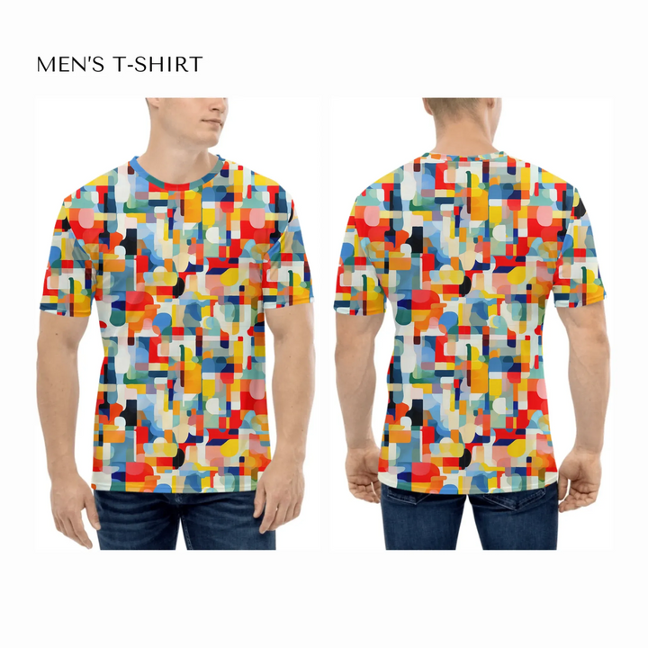 Custom-Modern-Geometric-Abstract-all-over-print-mens-crew-neck-t-shirt-on-model-front-and-back-artfulane