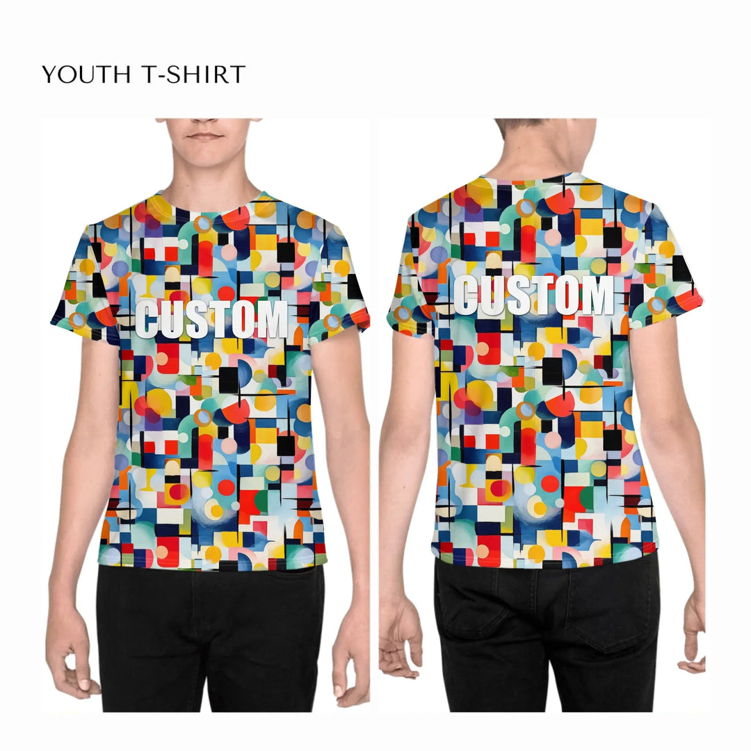 Custom-Modern-Geometric-Abstract-all-over-print-unisex-youth-crew-neck-t-shirt-on-boy-front-and-back-artfulane