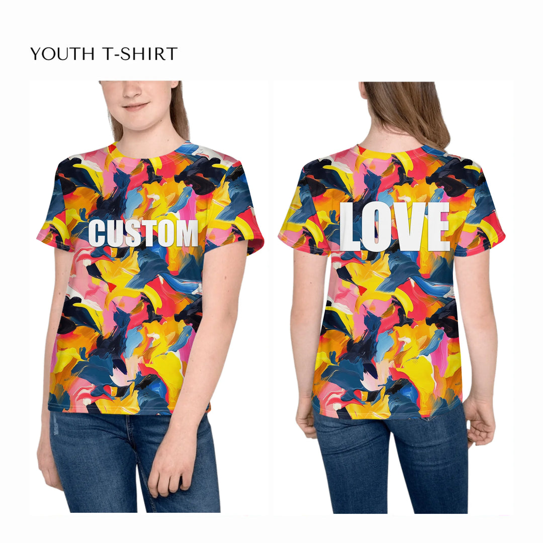 Custom-Modern-Abstract-T-Shirt-Textured-Abstract-all-over-print-unisex-youth-crew-neck-t-shirt-on-girl-front-and-back-artfulane