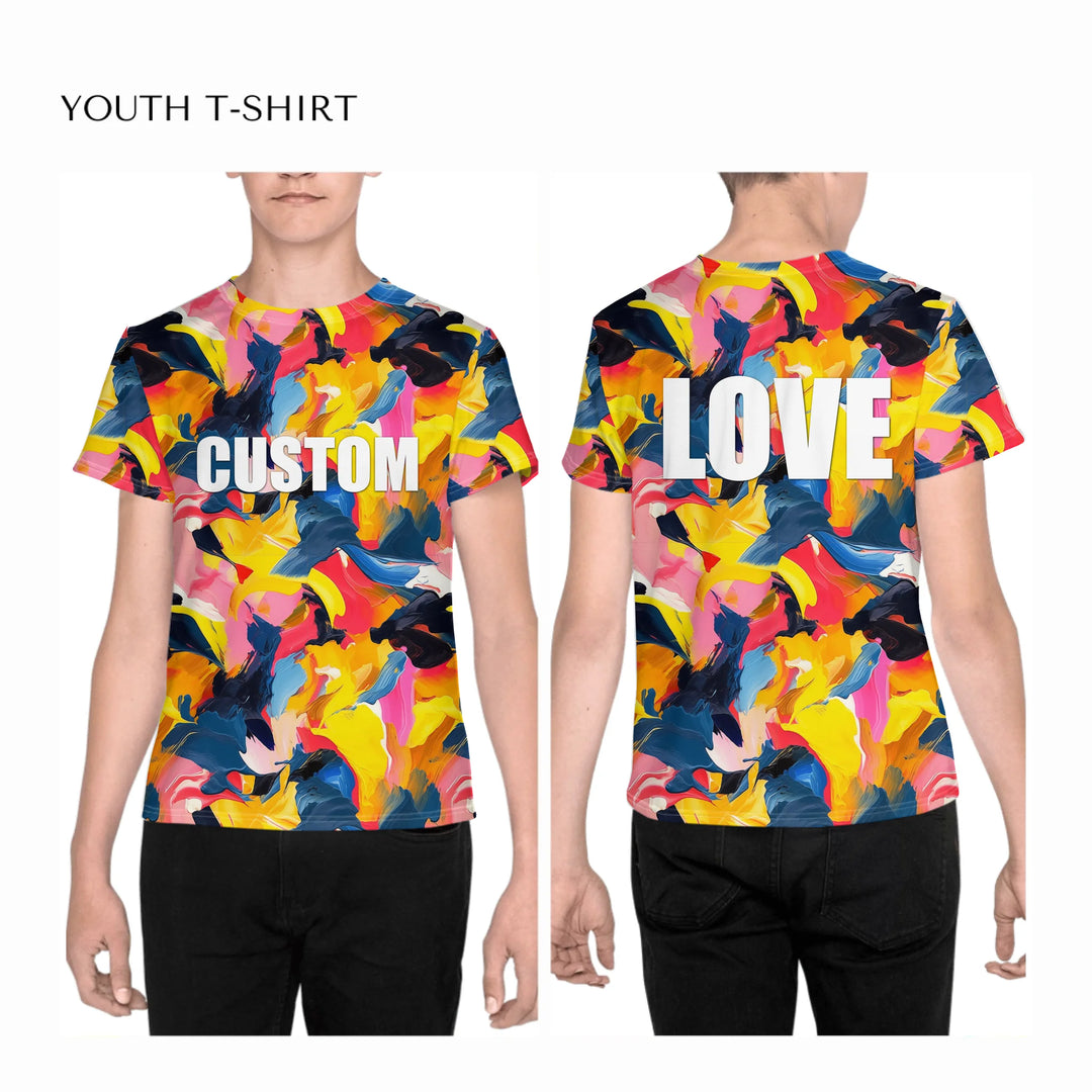Custom-Modern-Abstract-T-Shirt-Textured-Abstract-all-over-print-unisex-youth-crew-neck-t-shirt-on-boy-front-and-back-artfulane
