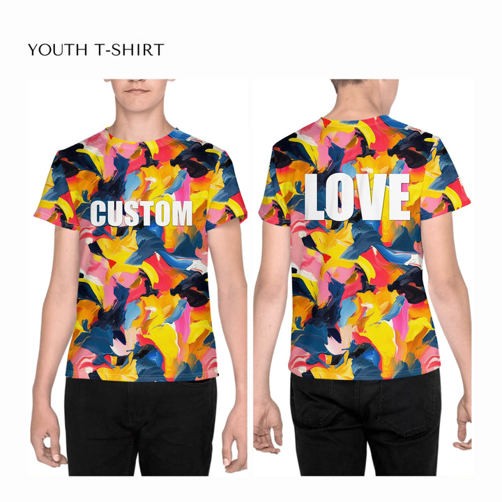 Custom-Modern-Abstract-T-Shirt-Textured-Abstract-all-over-print-unisex-youth-crew-neck-t-shirt-on-boy-front-and-back-artfulane