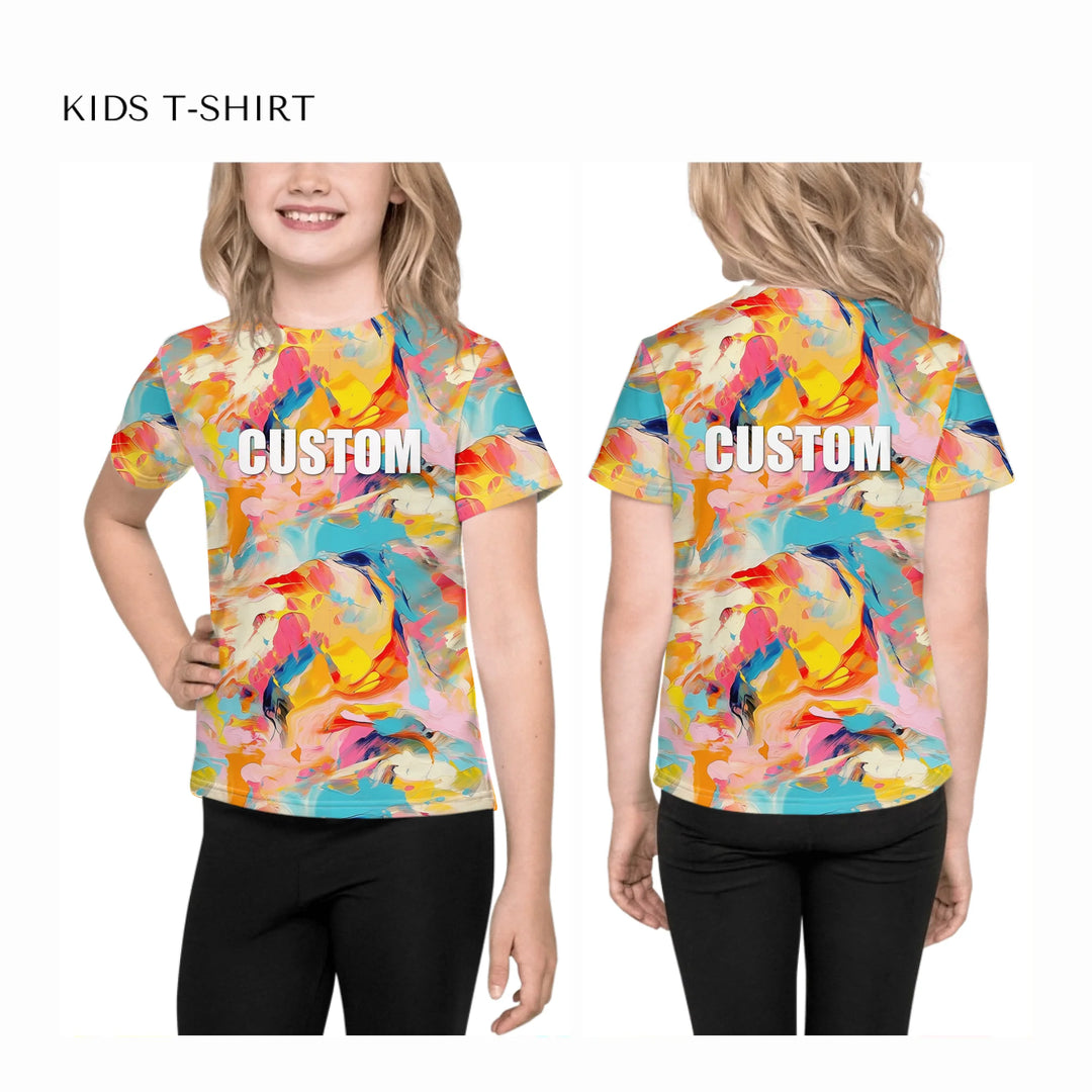 Custom-Modern-Abstract-T-Shirt-Textured-Abstract-all-over-print-unisex-kids-crew-neck-t-shirt-on-model-front-and-back-artfulane
