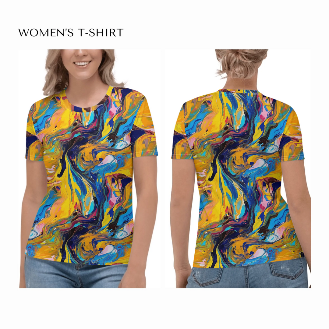 Custom-Modern-Digital-Abstract-all-over-print-womens-crew-neck-t-shirt-on model-front-and-back-artfulane