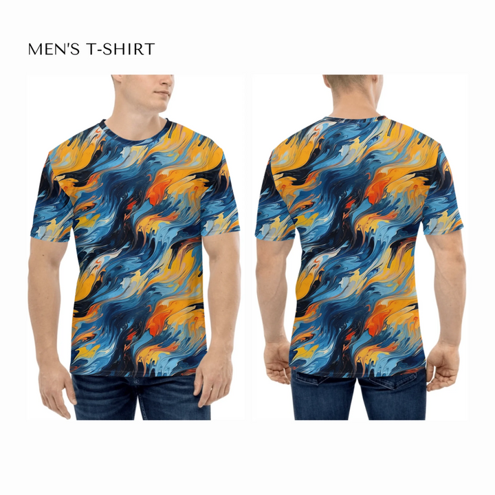 Custom-Modern-Digital-Abstract-all-over-print-mens-crew-neck-t-shirt-on-model-front-and-back-artfulane