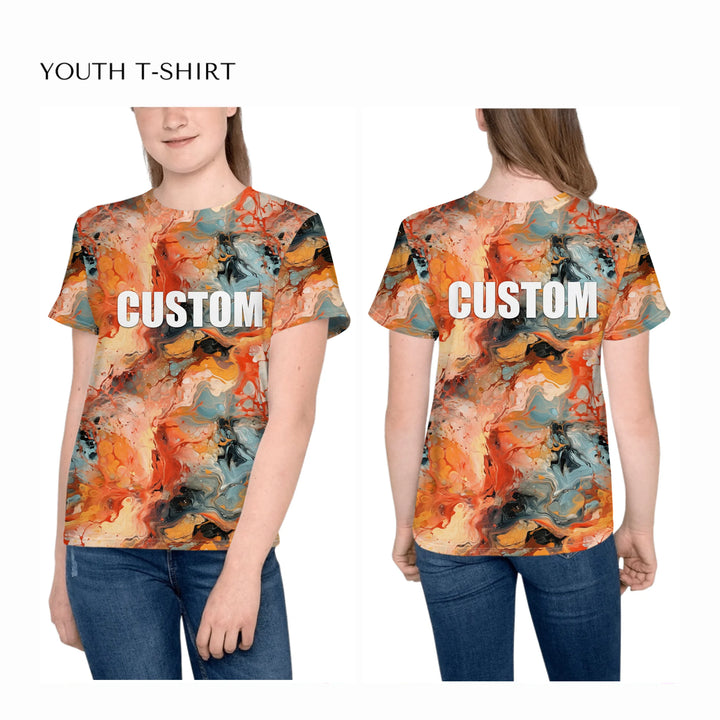 Custom-Modern-Digital-Abstract-all-over-print-unisex-youth-crew-neck-t-shirt-on-girl-front-and-back-artfulane