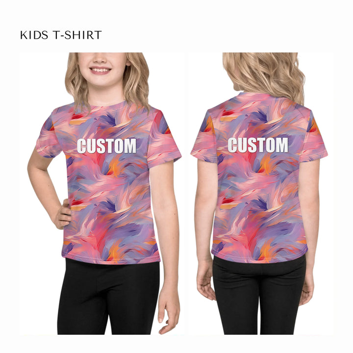 Custom-Modern-Digital-Abstract-all-over-print-unisex-kids-crew-neck-t-shirt-on-model-front-and-back-artfulane