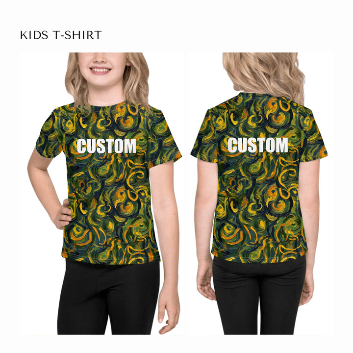 Custom-Expressionist-abstract-all-over-print-unisex-kids-crew-neck-t-shirt-on-model-front-and-back-artfulane