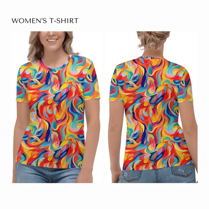 Custom-Abstract-Vibrant-Contrasting-Colors-all-over-print-womens-crew-neck-t-shirt-on model-front-and-back-artfulane