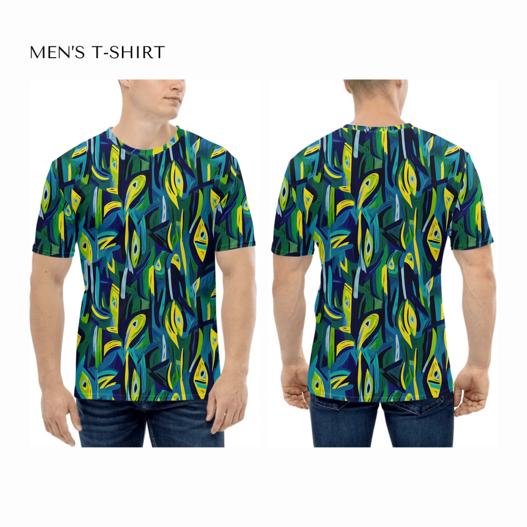 Custom-Abstract-Vibrant-Contrasting-Colors-all-over-print-mens-crew-neck-t-shirt-on-model-front-and-back-artfulane