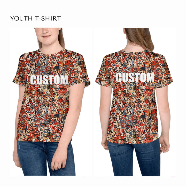 Custom-Abstract-Layered-Textures-all-over-print-unisex-youth-crew-neck-t-shirt-on-girl-front-and-back-artfulane