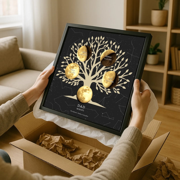 Custom-Golden-Moon-Phase-Family-Tree-Wall-Art-ARTFULANE-held-in-hands