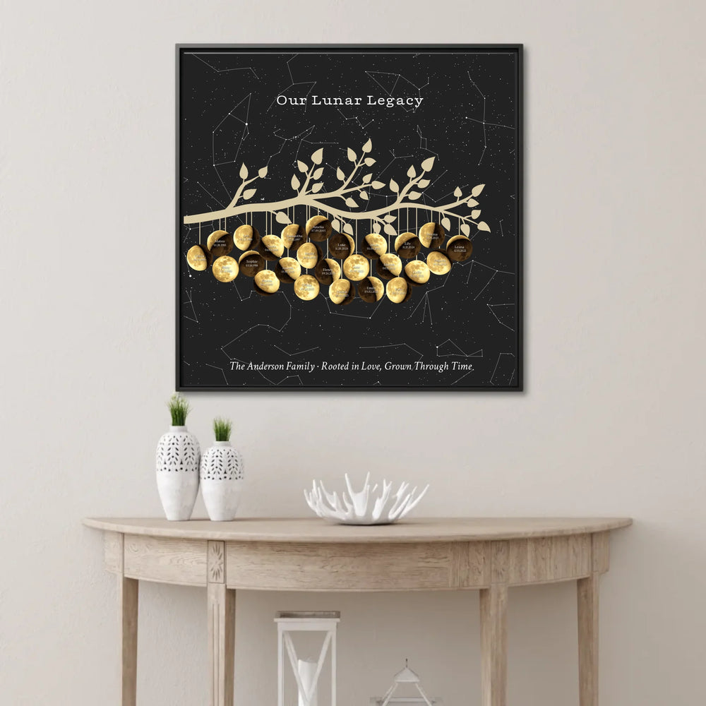 Custom-Golden-Moon-Phase-Family-Tree-Branch-Wall-Art-ARTFULANE-framed-square-canvas-lifestyle