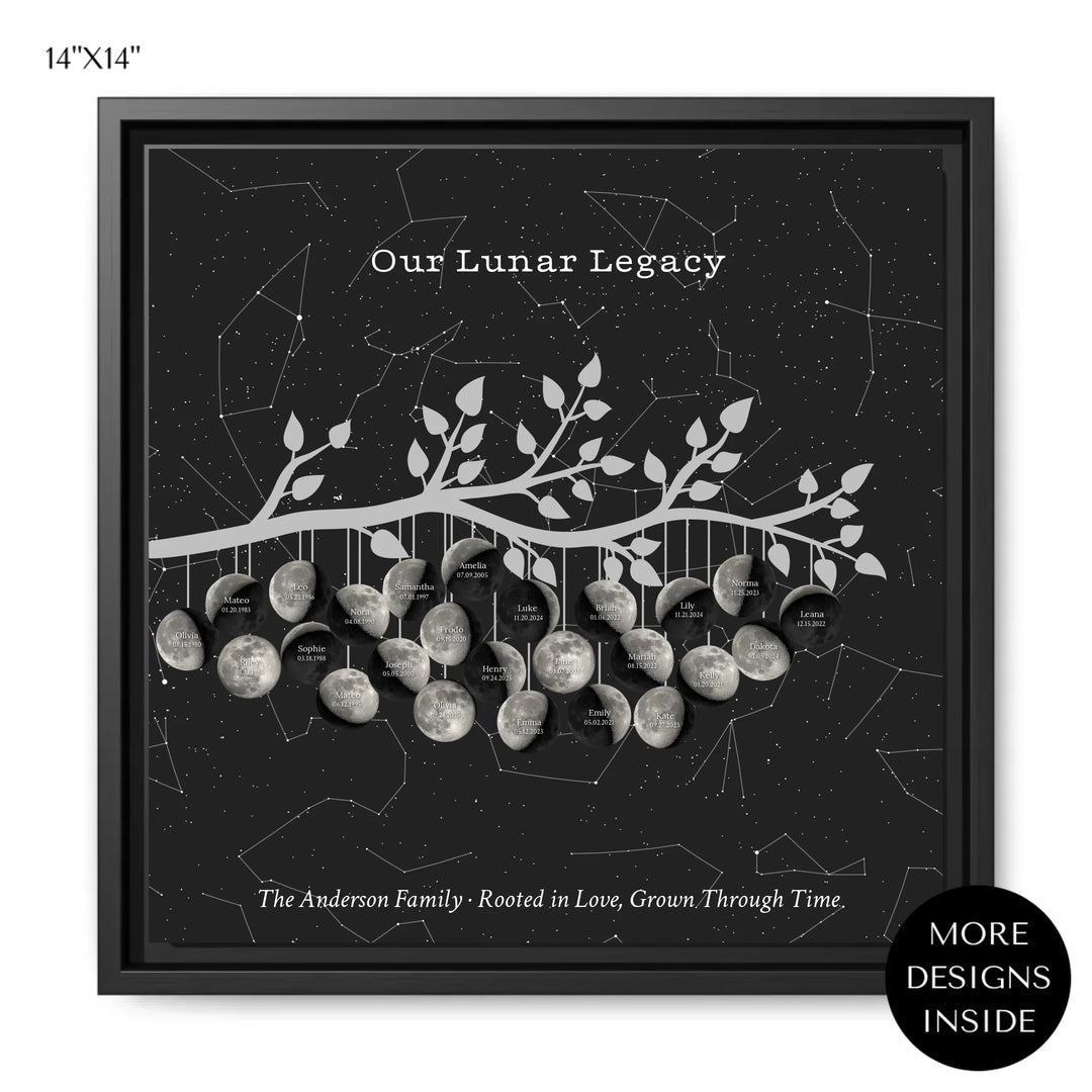 Custom-Silver-Moon-Phase-Family-Tree-Branch-Wall-Art-ARTFULANE-14x14 framed canvas
