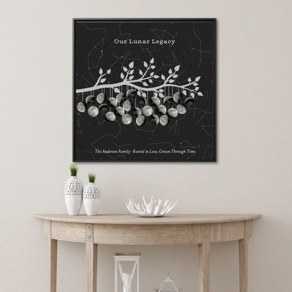 Custom-Silver-Moon-Phase-Family-Tree-Branch-Wall-Art-ARTFULANE-framed-square-canvas-lifestyle