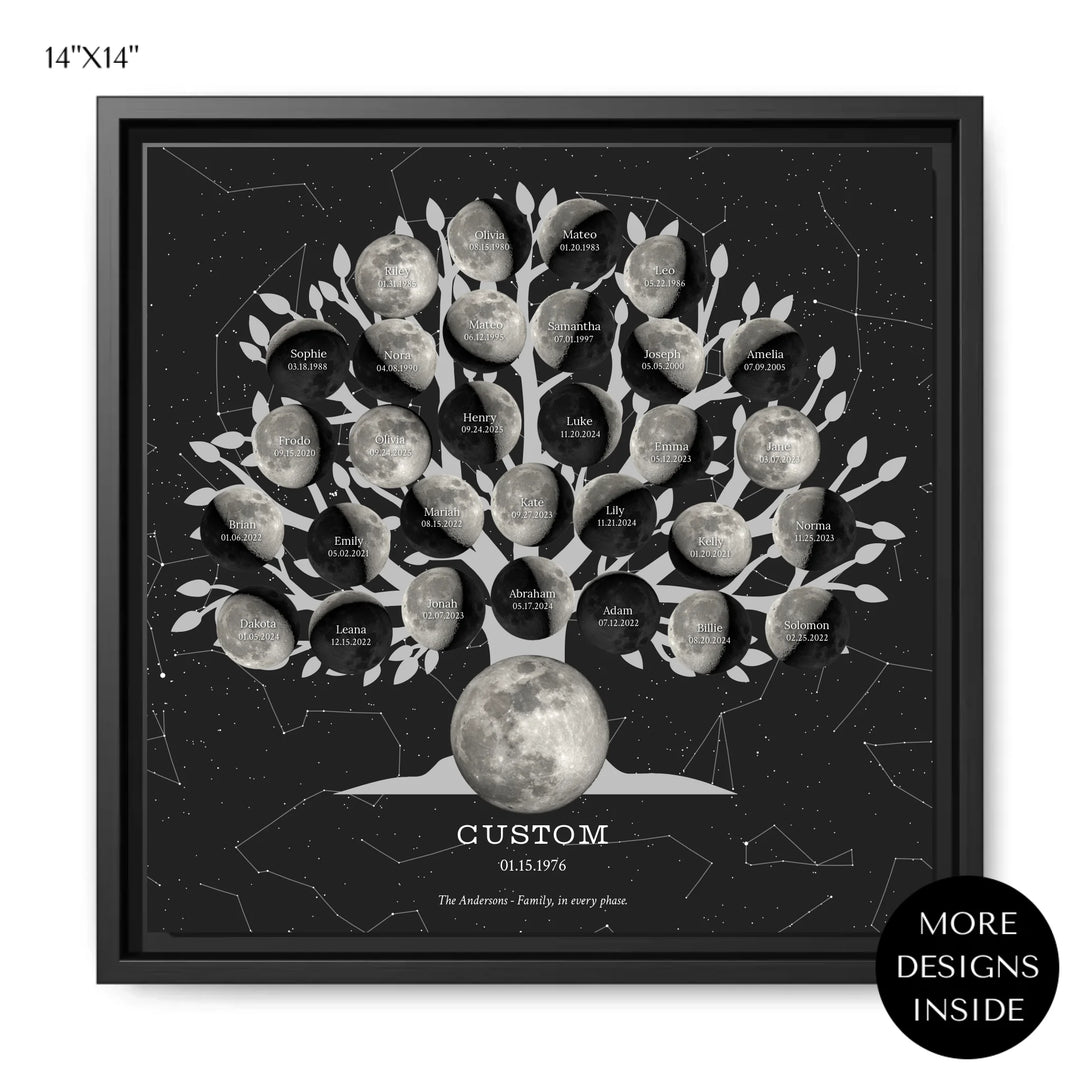 Custom-Silver-Moon-Phase-Family-Tree-Wall-Art-ARTFULANE-14x14 framed canvas