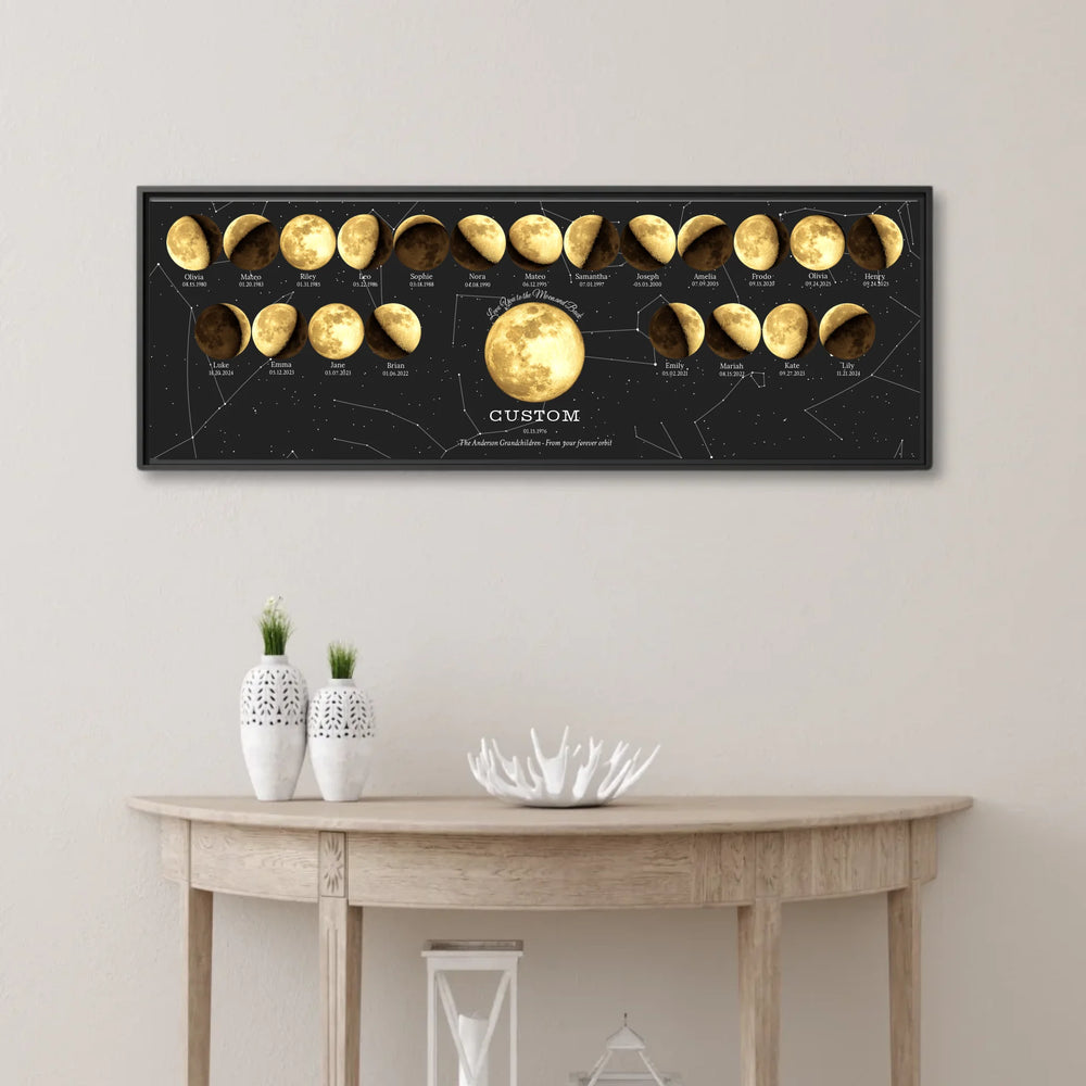 Custom-Family-Golden-Moon-Phase-Wall-Art-1-22-Moons-ARTFULANE-framed canvas lifestyle