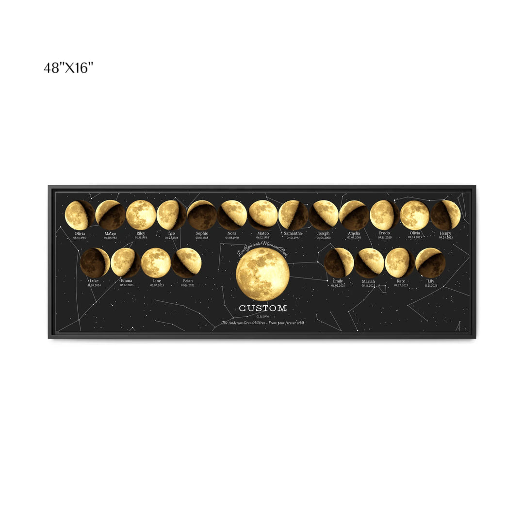 Custom-Family-Golden-Moon-Phase-Wall-Art-1-22-Moons-ARTFULANE-48x16 framed canvas