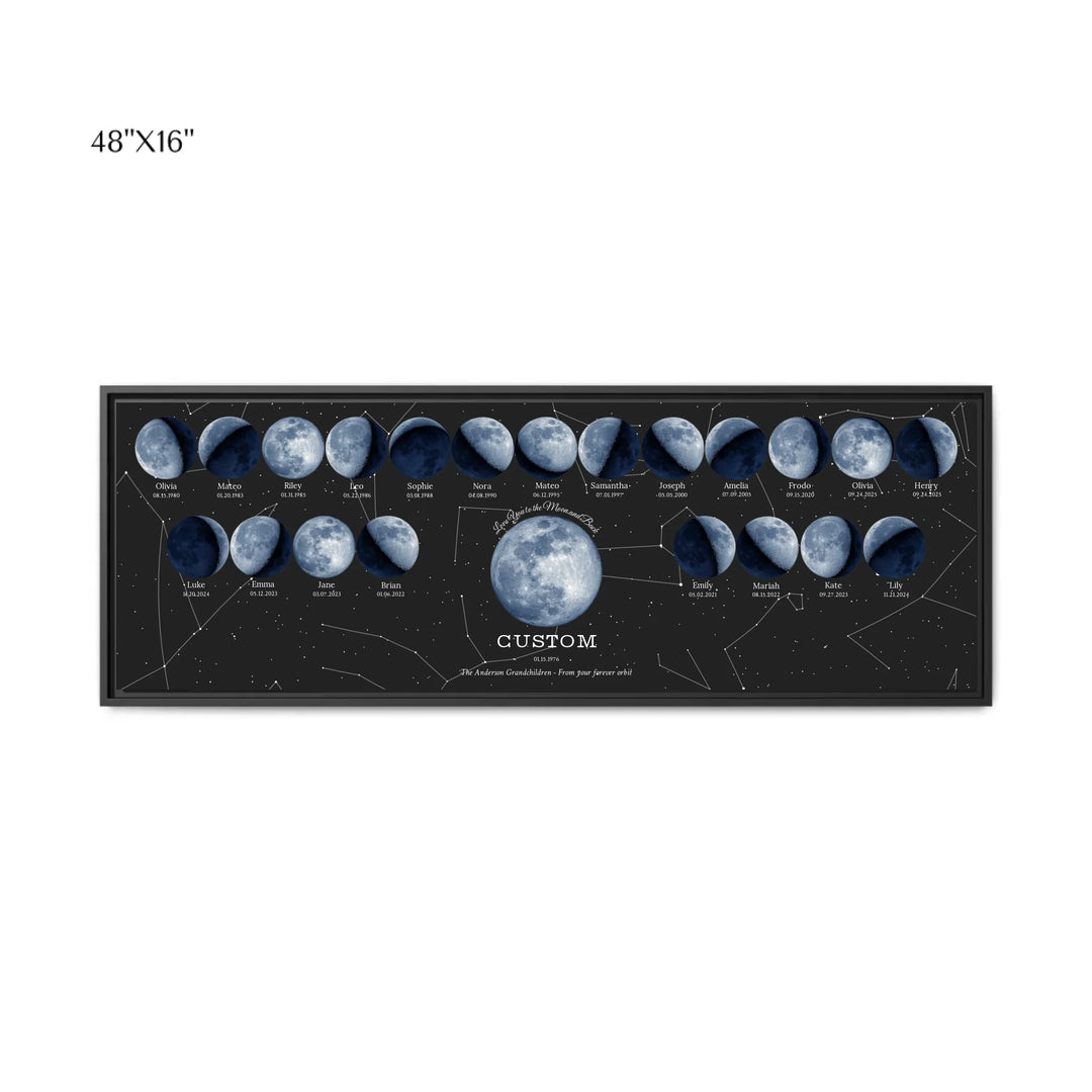 Custom-Family-Blue-Moon-Phase-Wall-Art-1-22-Moons-ARTFULANE-48x16 framed canvas