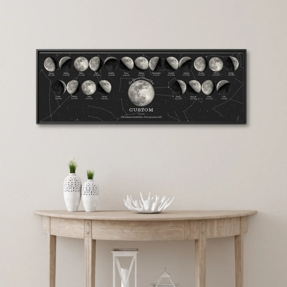 Custom-Family-Silver-Moon-Phase-Wall-Art-1-22-Moons-ARTFULANE-framed canvas lifestyle