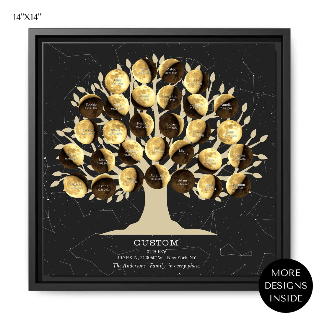 Custom-Golden-Moon-Phase-Family-Tree-Wall-Art-artfulane-14x14 framed canvas