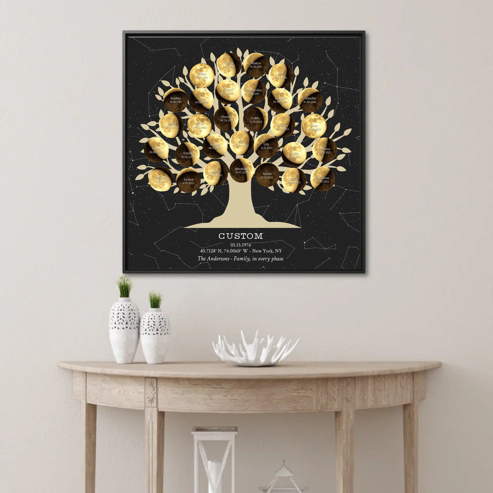 Custom-Golden-Moon-Phase-Family-Tree-Wall-Art-ARTFULANE-framed-square-canvas-lifestyle