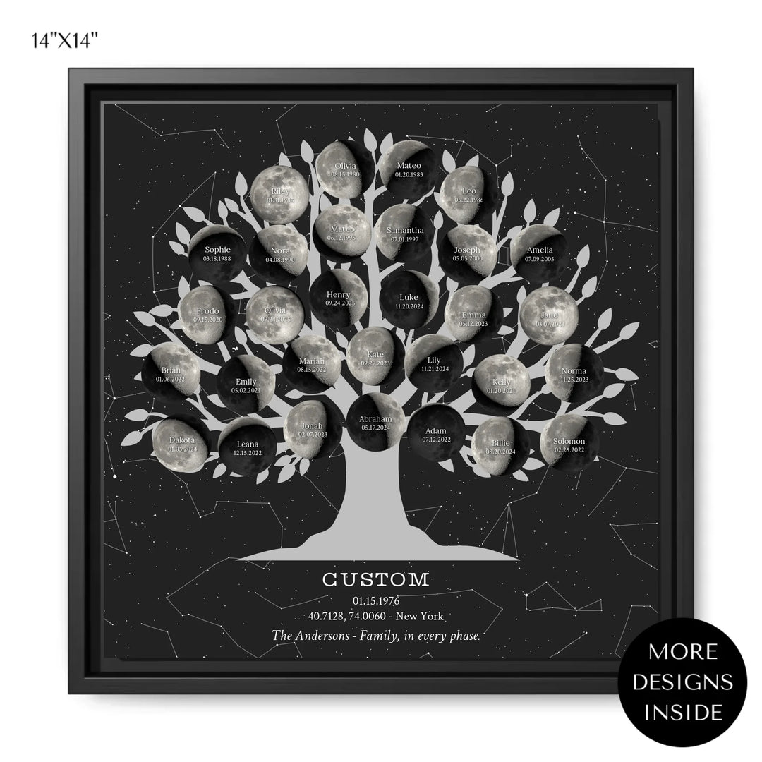 Custom-Silver-Moon-Phase-Family-Tree-Wall-Art-ARTFULANE-14x14 framed canvas