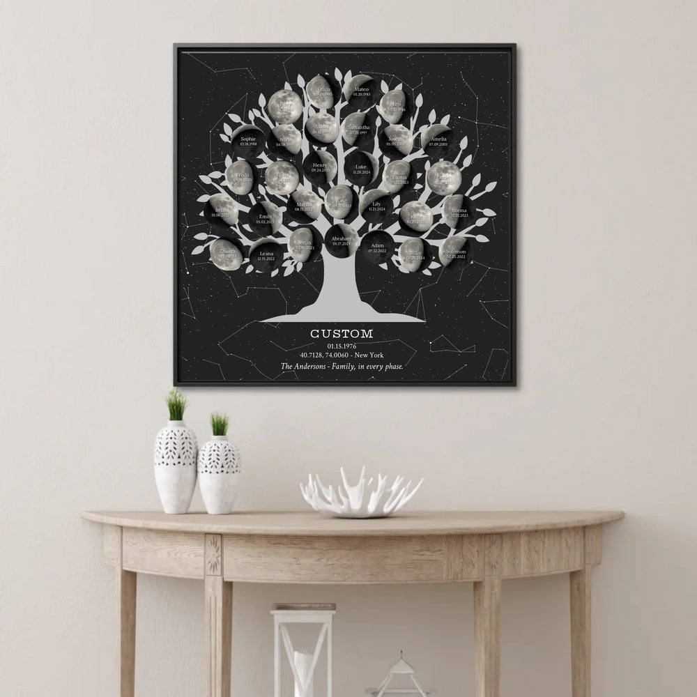 Custom-Silver-Moon-Phase-Family-Tree-Wall-Art-ARTFULANE-framed-square-canvas-lifestyle