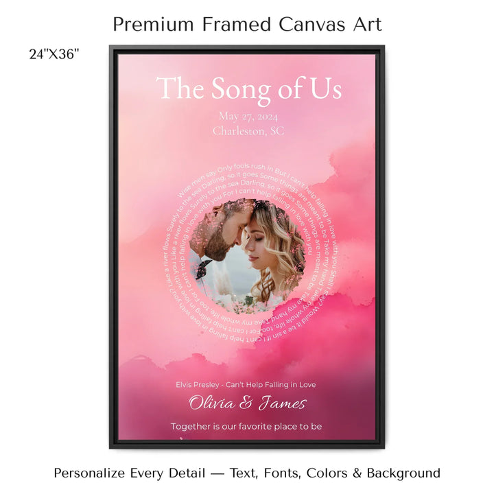 Custom Song Lyrics Wall Art with Photo - Personalized Gift for Couples -24x36 framed canvas-ARTFULANE