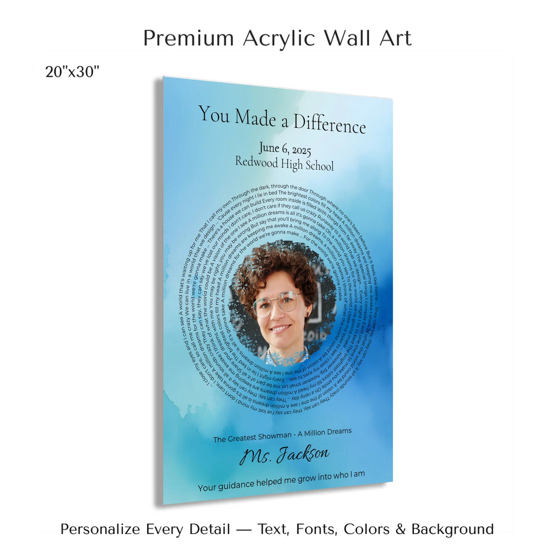 Custom Song Lyrics Wall Art with Photo – Personalized Gift for Teacher -20x30 acrylic print with french cleat-ARTFULANE