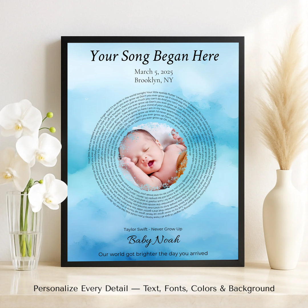 Custom Song Lyrics Wall Art with Photo - Personalized Gift for Baby - on table-ARTFULANE