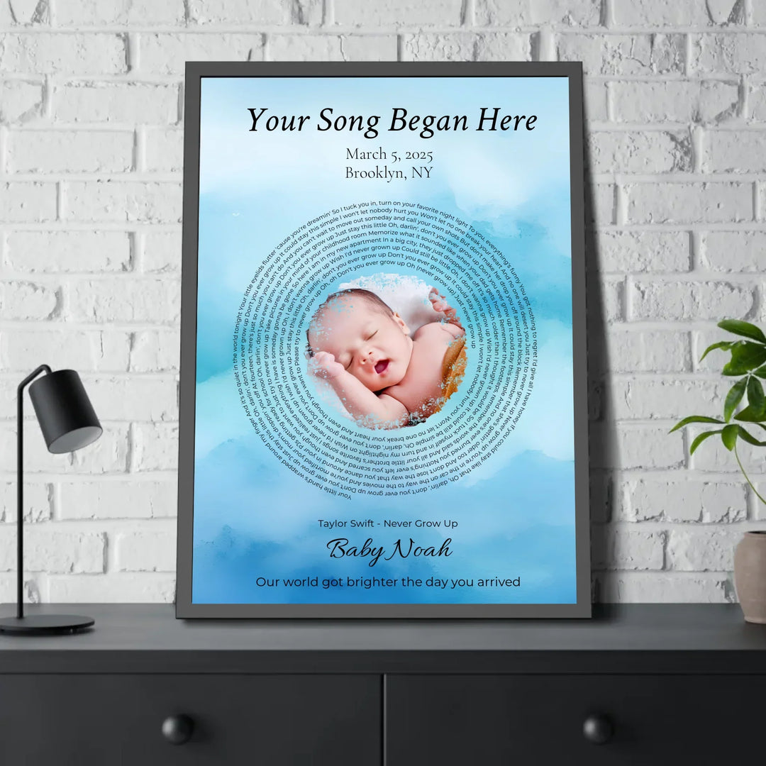 Custom Song Lyrics Wall Art with Photo - Personalized Gift for Baby -28x40 framed poster on table-ARTFULANE