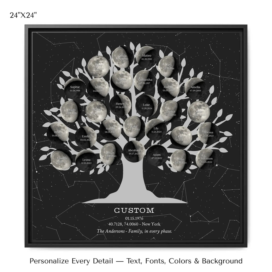 Custom Silver Moon Phase Family Tree Wall Art -24x24 framed canvas-ARTFULANE