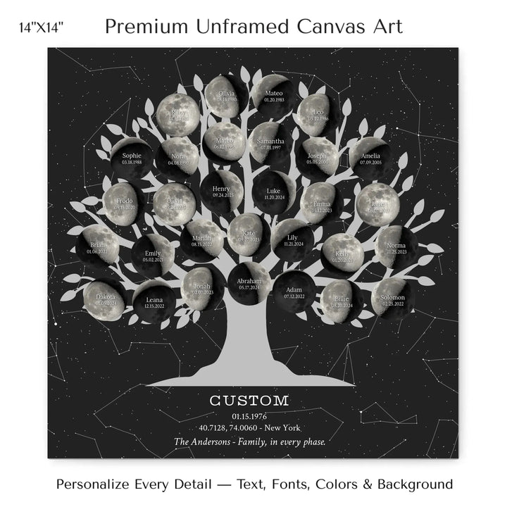 Custom Silver Moon Phase Family Tree Wall Art -14x14 stretched canvas-ARTFULANE