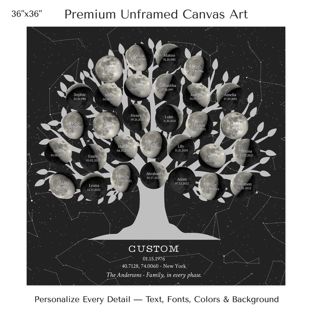 Custom Silver Moon Phase Family Tree Wall Art -36x36 stretched canvas-ARTFULANE