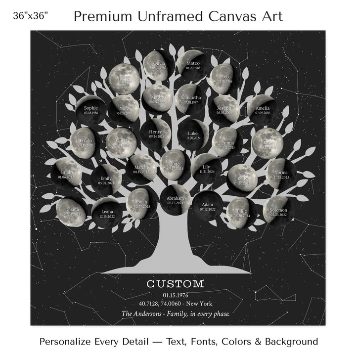 Custom Silver Moon Phase Family Tree Wall Art -36x36 stretched canvas-ARTFULANE