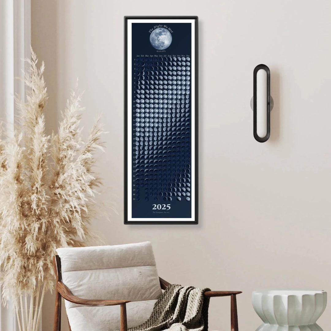 Custom Blue Moon Phase Calendar Wall Art -framed canvas in living room-ARTFULANE