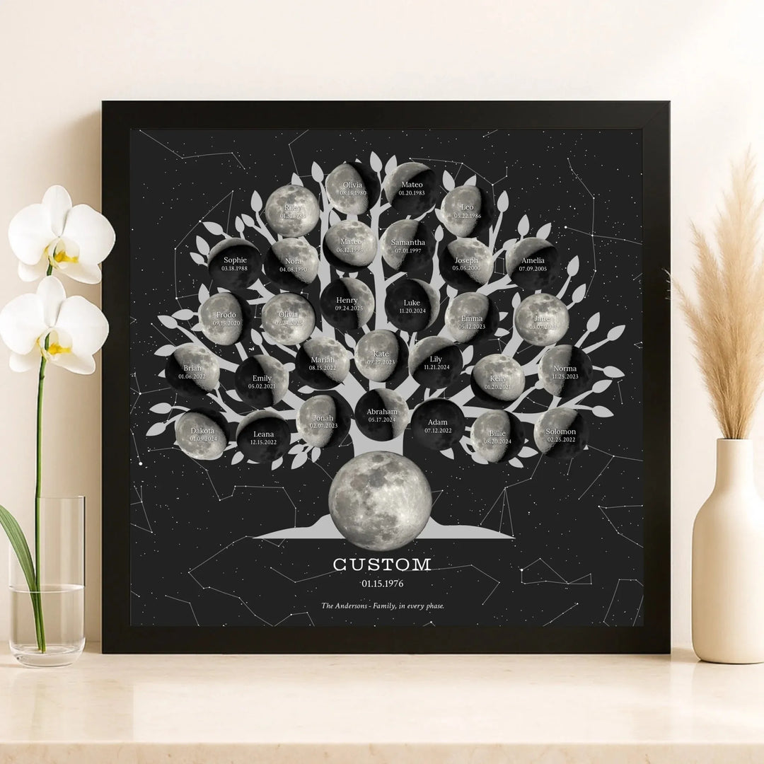 Custom Silver Moon Phase Family Tree Wall Art - framed canvas on shelf-ARTFULANE