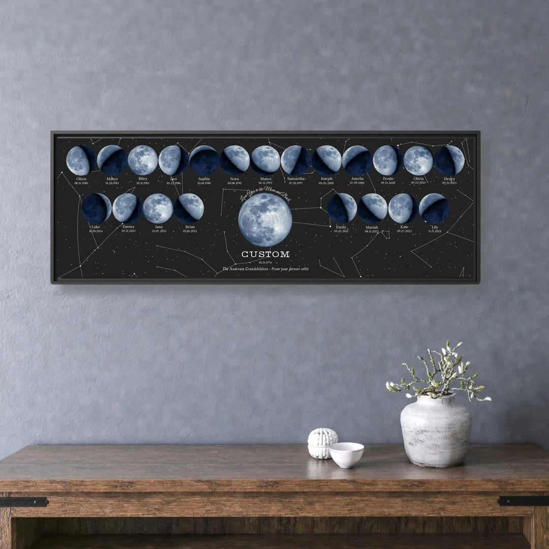 Custom Family Blue Moon Phase Wall Art -framed horizontal canvas on wall-ARTFULANE