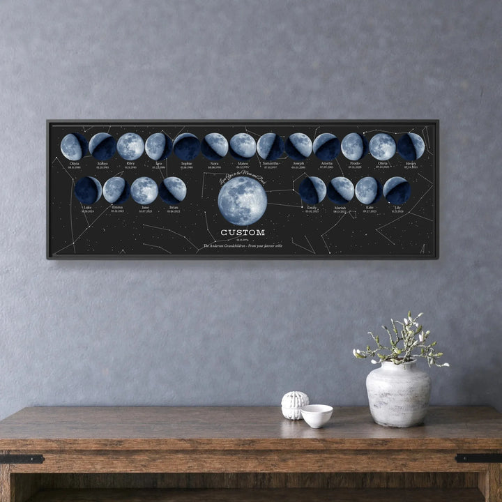 Custom Family Blue Moon Phase Wall Art -framed horizontal canvas on wall-ARTFULANE