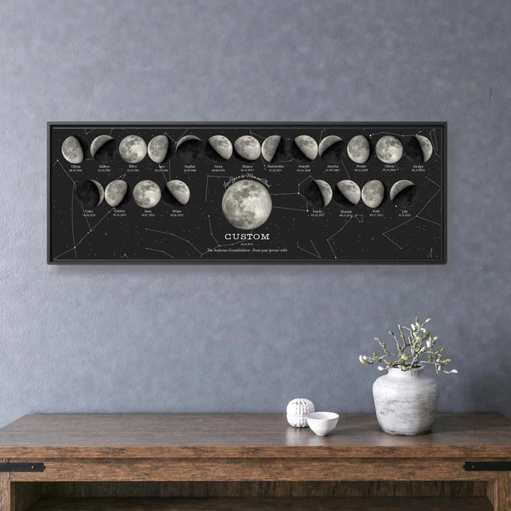 Custom Family Silver Moon Phase Wall Art - framed horizontal canvas on wall-ARTFULANE