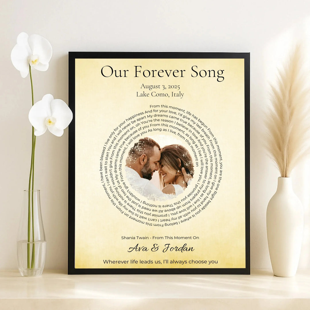Custom Song Lyrics Wall Art with Photo - Wedding Day Gift -framed canvas on table-ARTFULANE