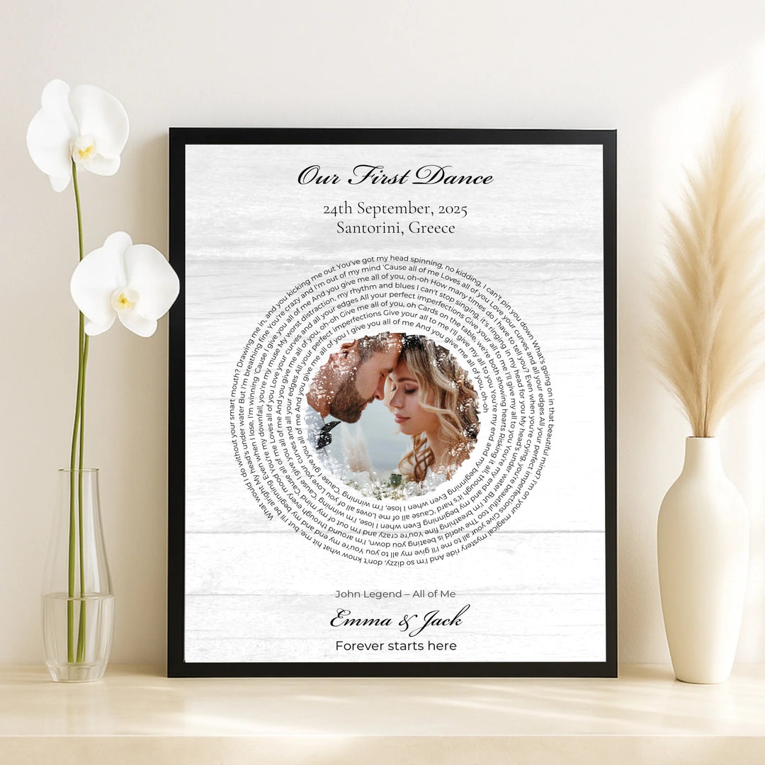 Romantic Custom Wall Art with Photo, Song Lyrics & Names-framed canvas on table-ARTFULANE