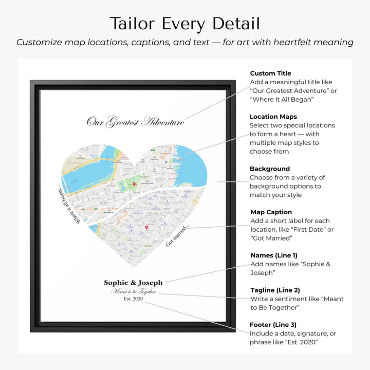 Custom Heart-Shaped Two Location Map Wall Art -Customization Options-ARTFULANE
