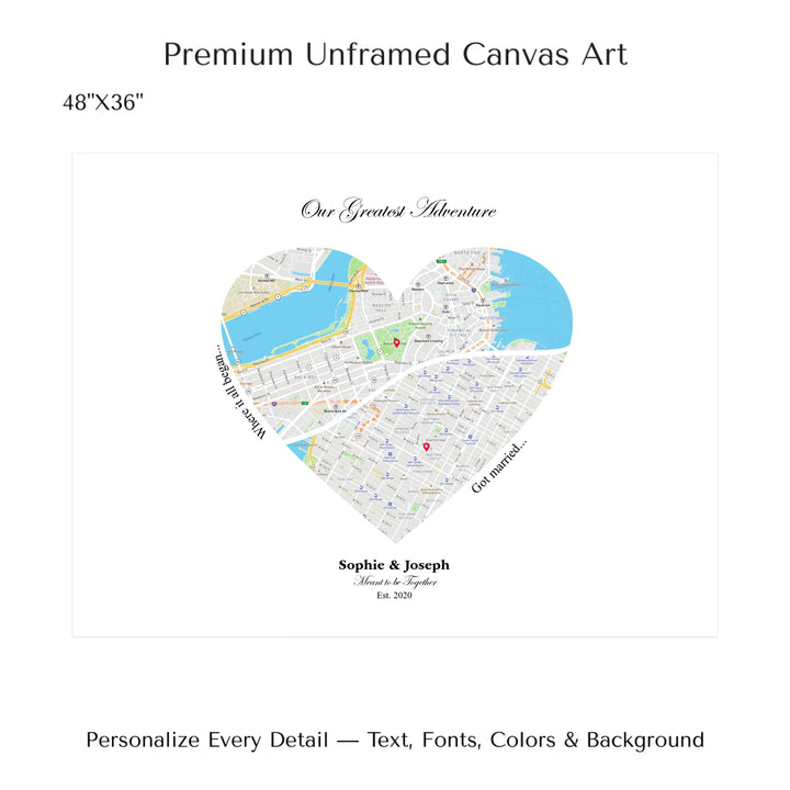 Custom Heart-Shaped Two Location Map Wall Art -48x36 stretched canvas-ARTFULANE