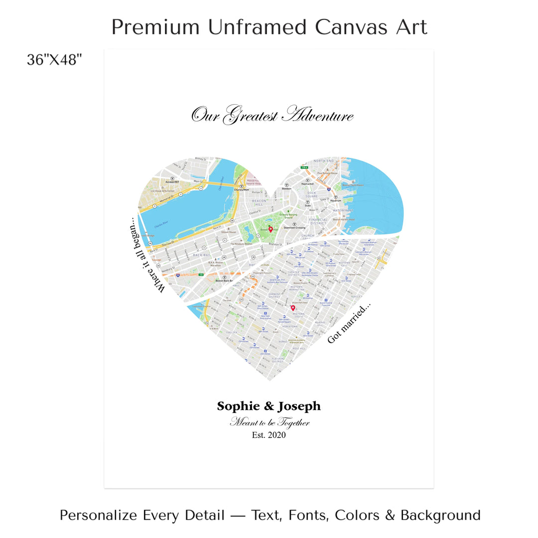 Custom Heart-Shaped Two Location Map Wall Art -36x48 stretched canvas-ARTFULANE