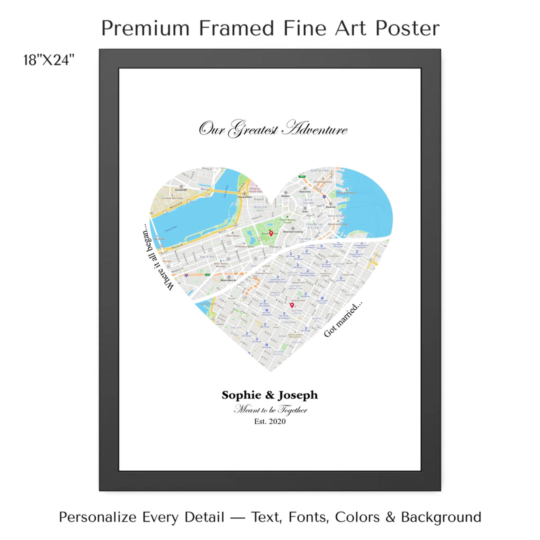 Custom Heart-Shaped Two Location Map Wall Art -18x24 framed poster-ARTFULANE