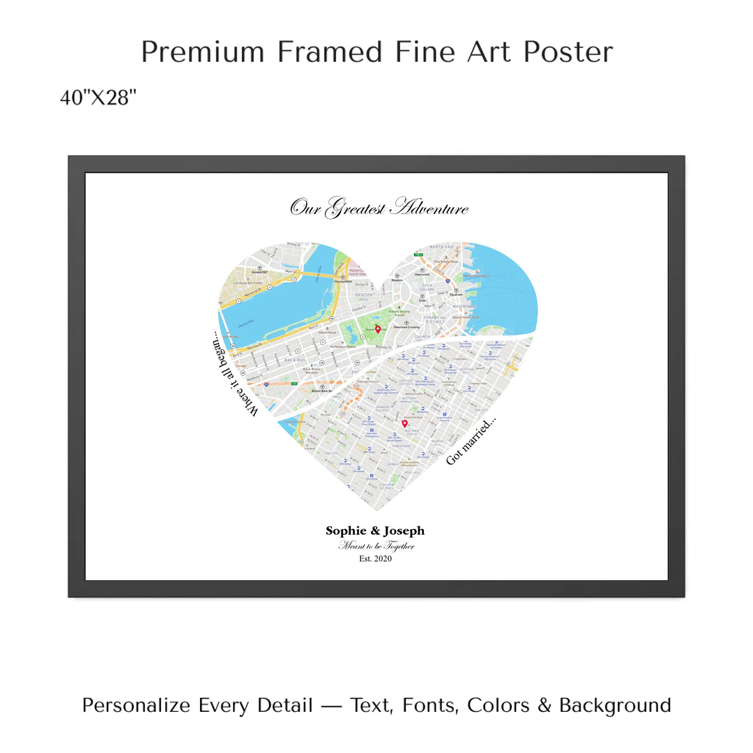 Custom Heart-Shaped Two Location Map Wall Art -40x28 framed poster-ARTFULANE